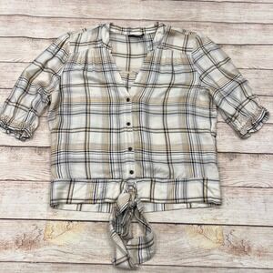 PAIGE Reeves Plaid‎ Tie Front Blouse Birch Alabaster 4894E83-6303 Womens Small